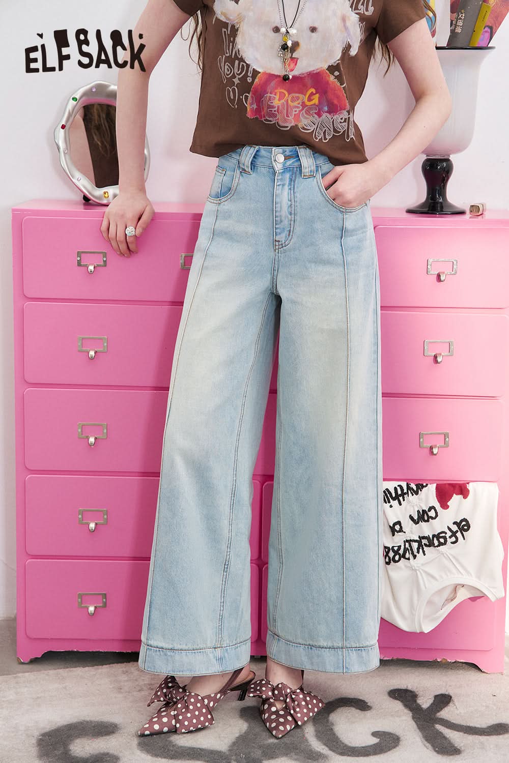 ELFSACK Wash Light Colored High Waisted Loose Wide Casual Leg Jeans