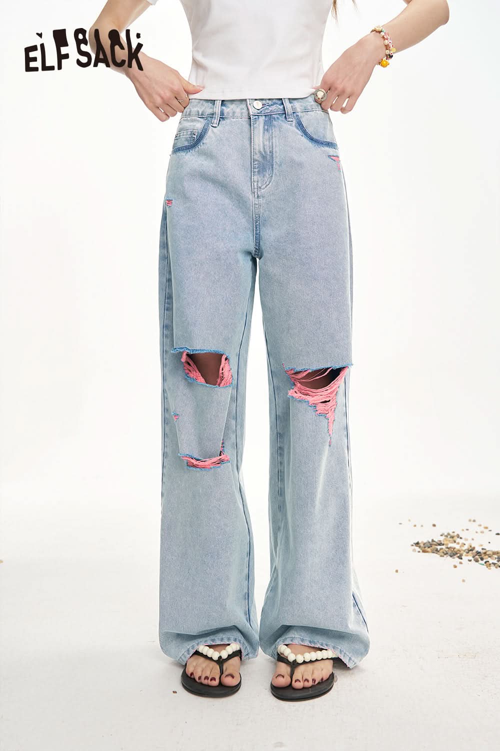 ELFSACK Broken Hole Casual Wide Leg Loose Denim Pants
