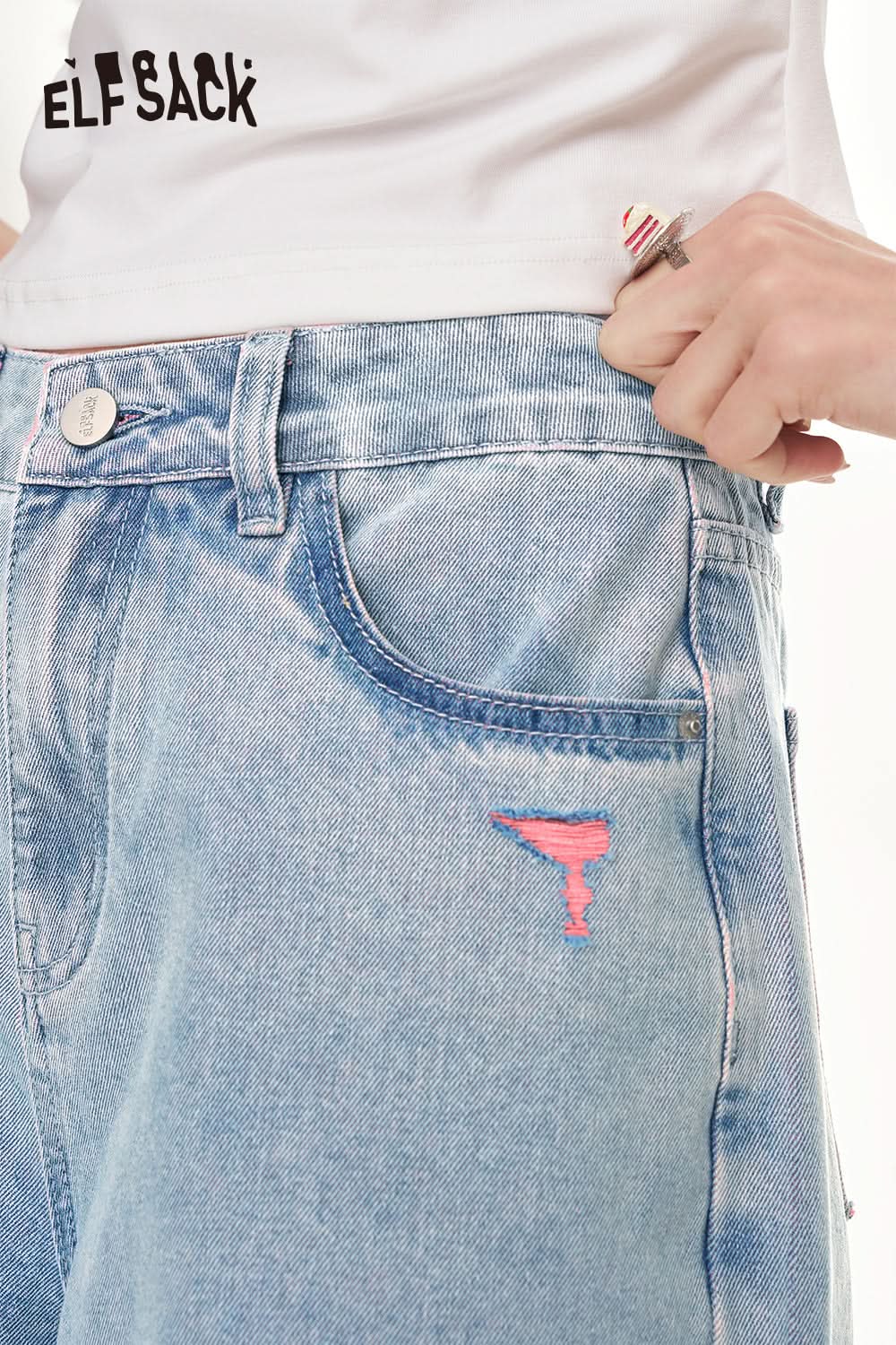 ELFSACK Broken Hole Casual Wide Leg Loose Denim Pants