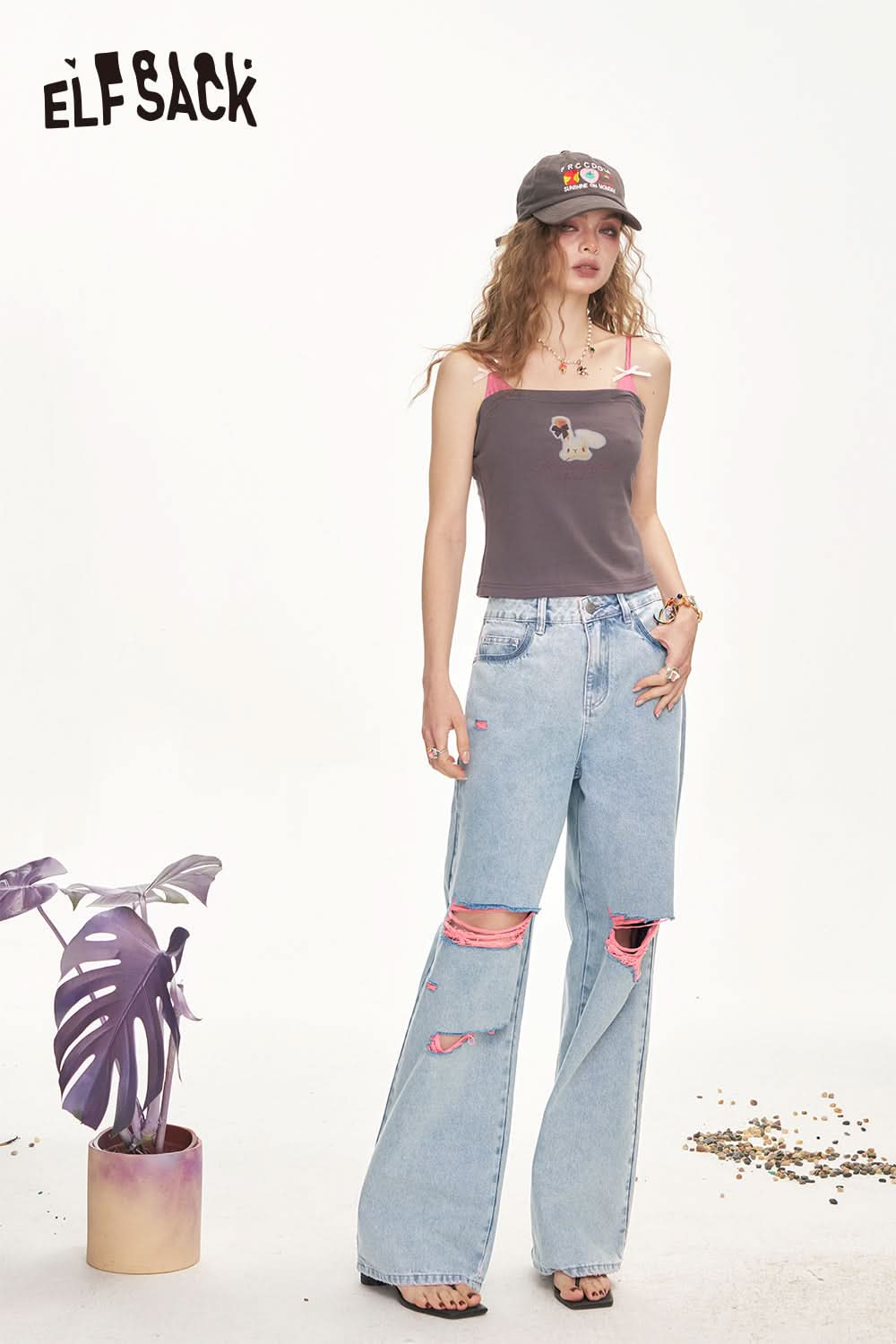 ELFSACK Broken Hole Casual Wide Leg Loose Denim Pants