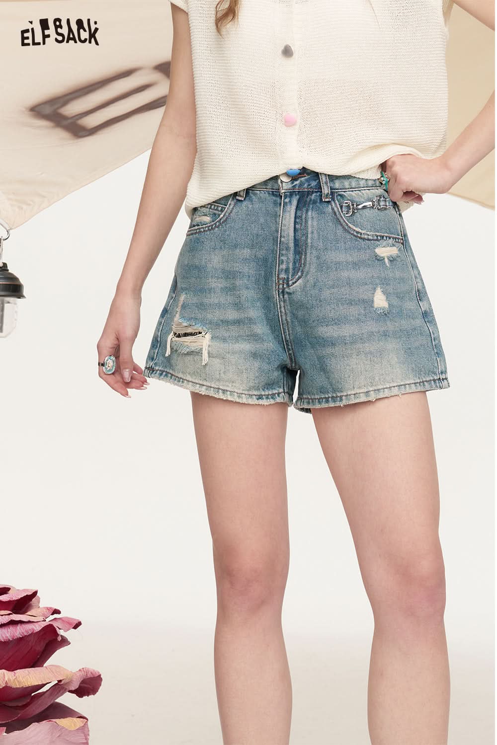 ELFSACK Ripped High Waisted Washed Casual Jeans Shorts
