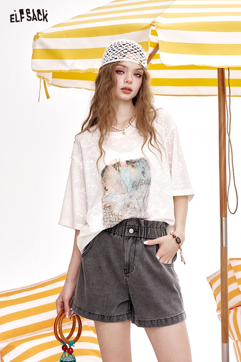 ELFSACK Blue High Waisted Loose Casual Denim Shorts