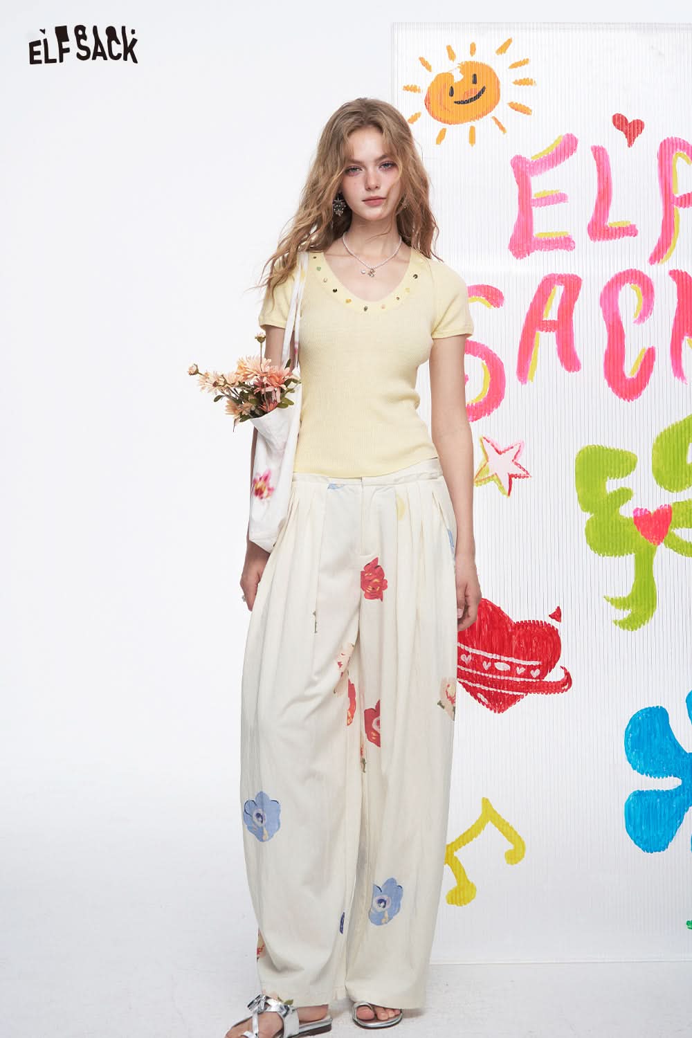 ELFSACK Hand Drawn Flower Pleated Casual Straight Leg Wide Leg Pants