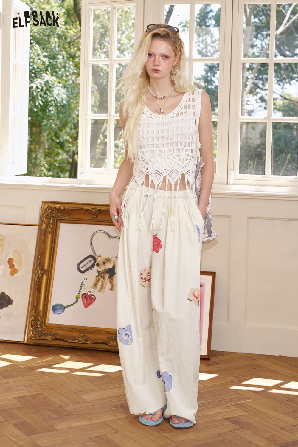 ELFSACK Hand Drawn Flower Pleated Casual Straight Leg Wide Leg Pants
