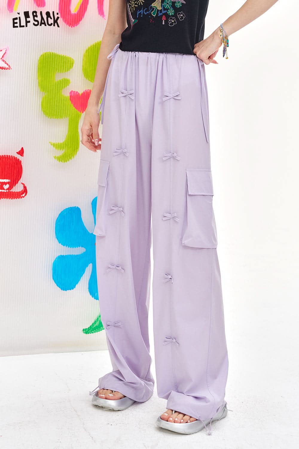 ELFSACK Purple Bow Casual Wide Leg Pants