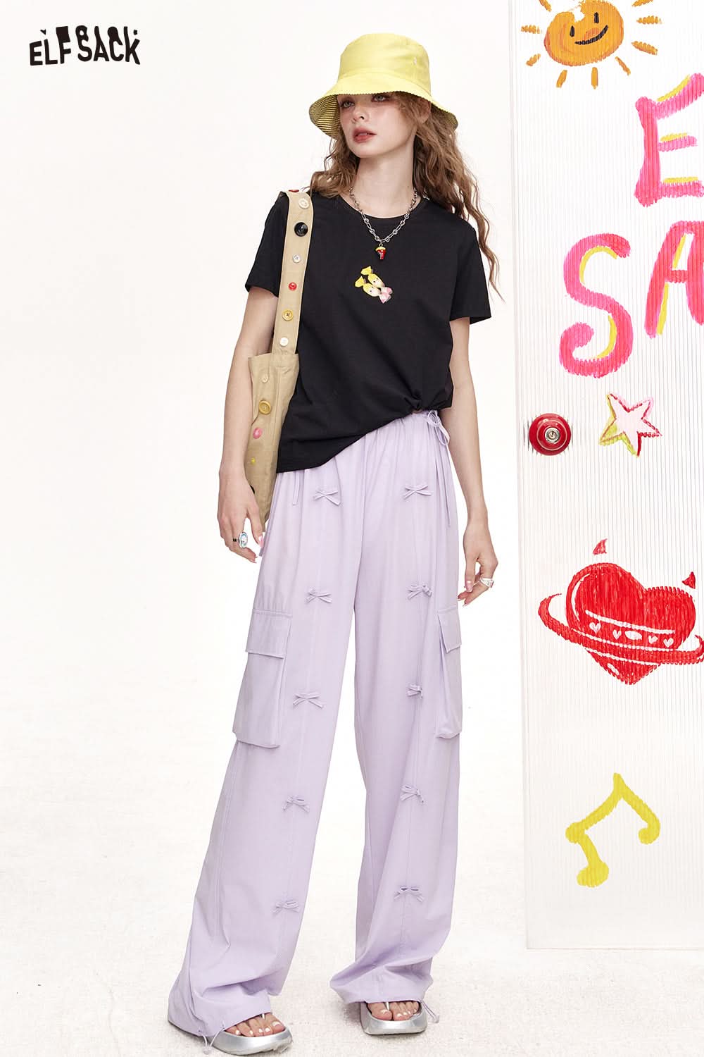ELFSACK Purple Bow Casual Wide Leg Pants