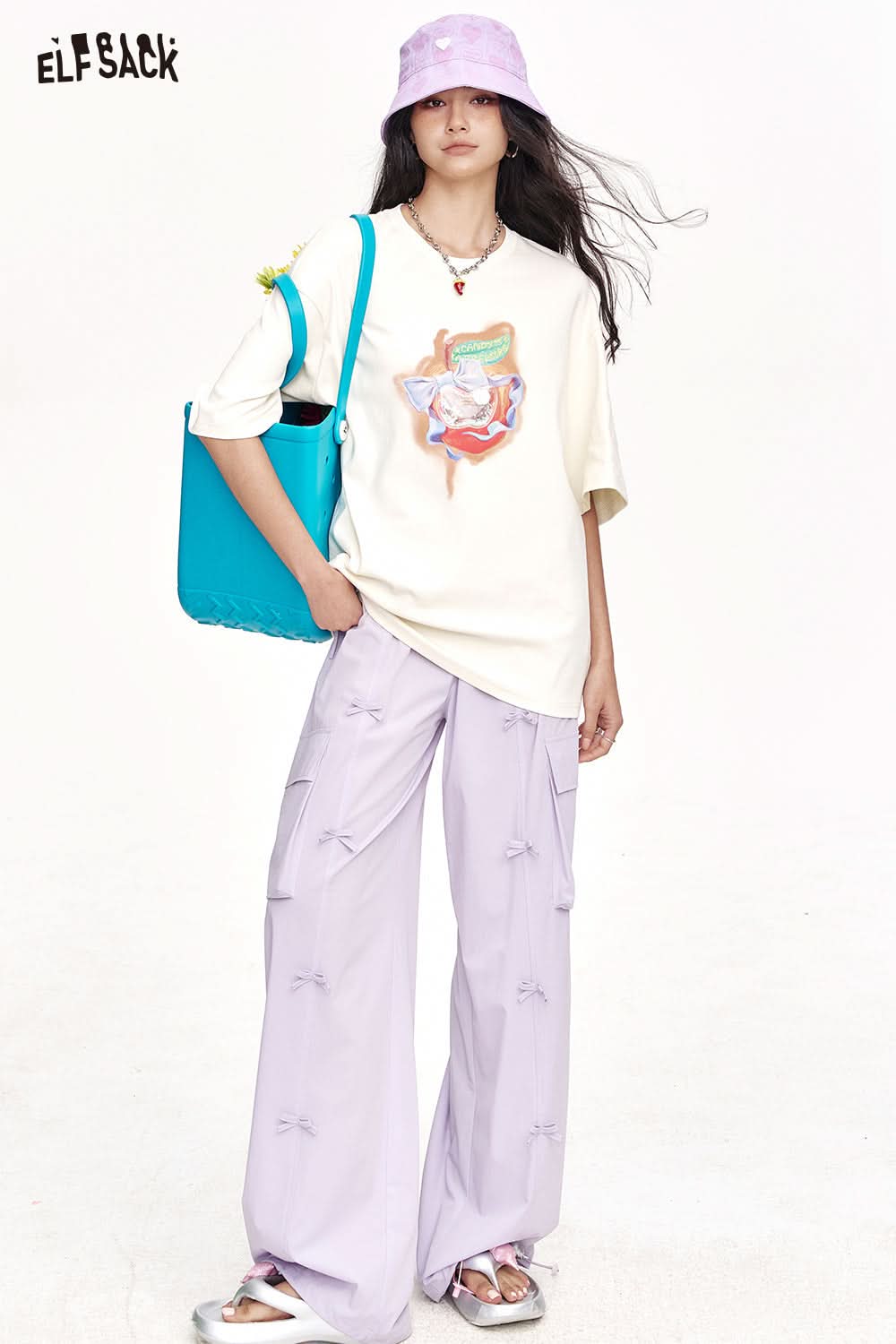 ELFSACK Purple Bow Casual Wide Leg Pants