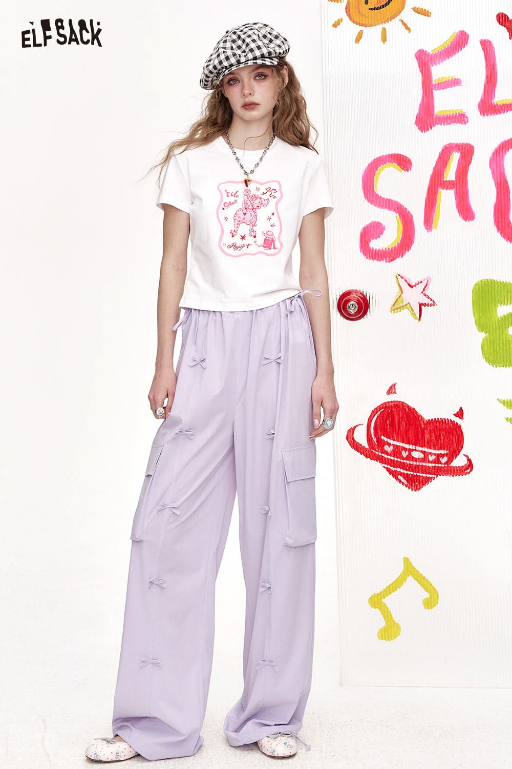 ELFSACK Purple Bow Casual Wide Leg Pants