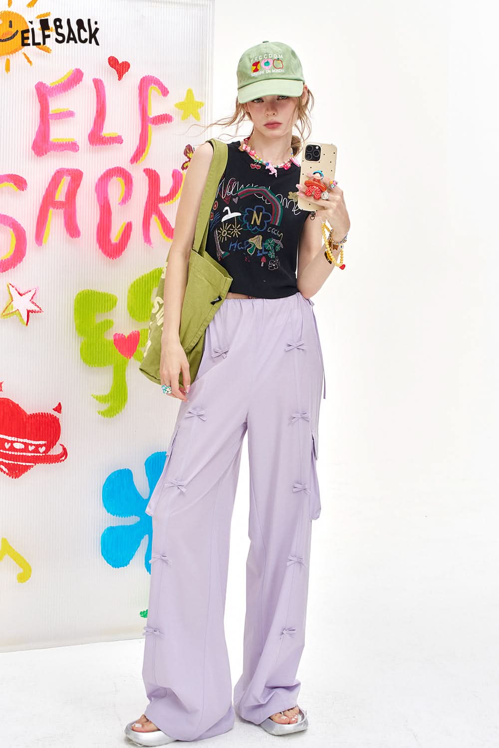 ELFSACK Purple Bow Casual Wide Leg Pants