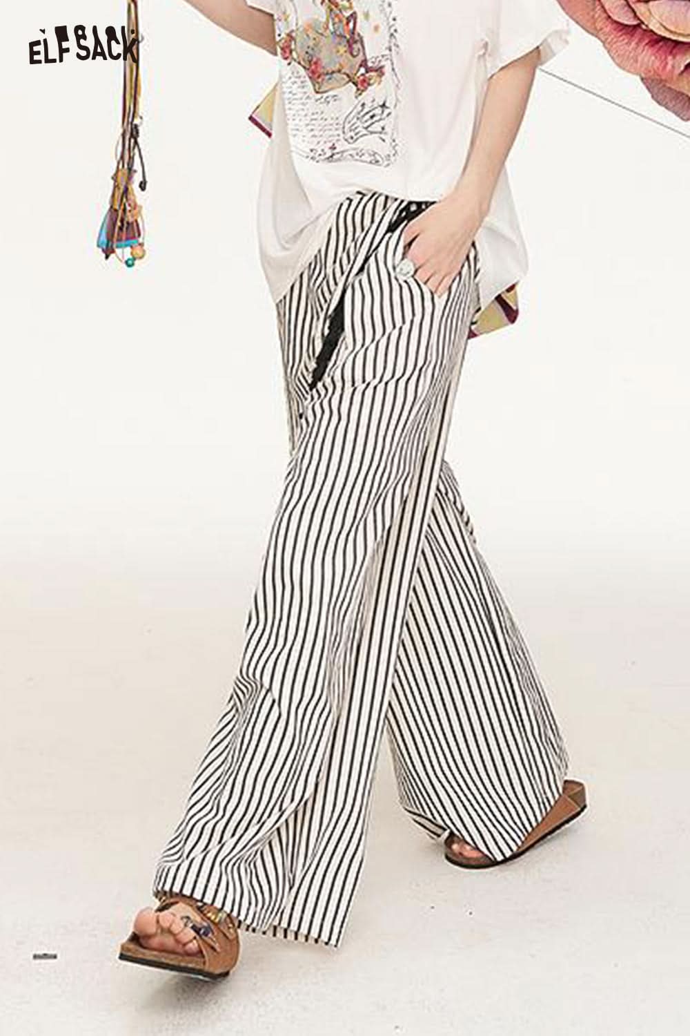 ELFSACK Irregular Fart Curtain Fringe Stripe Straight Leg Wide Leg Casual Pants