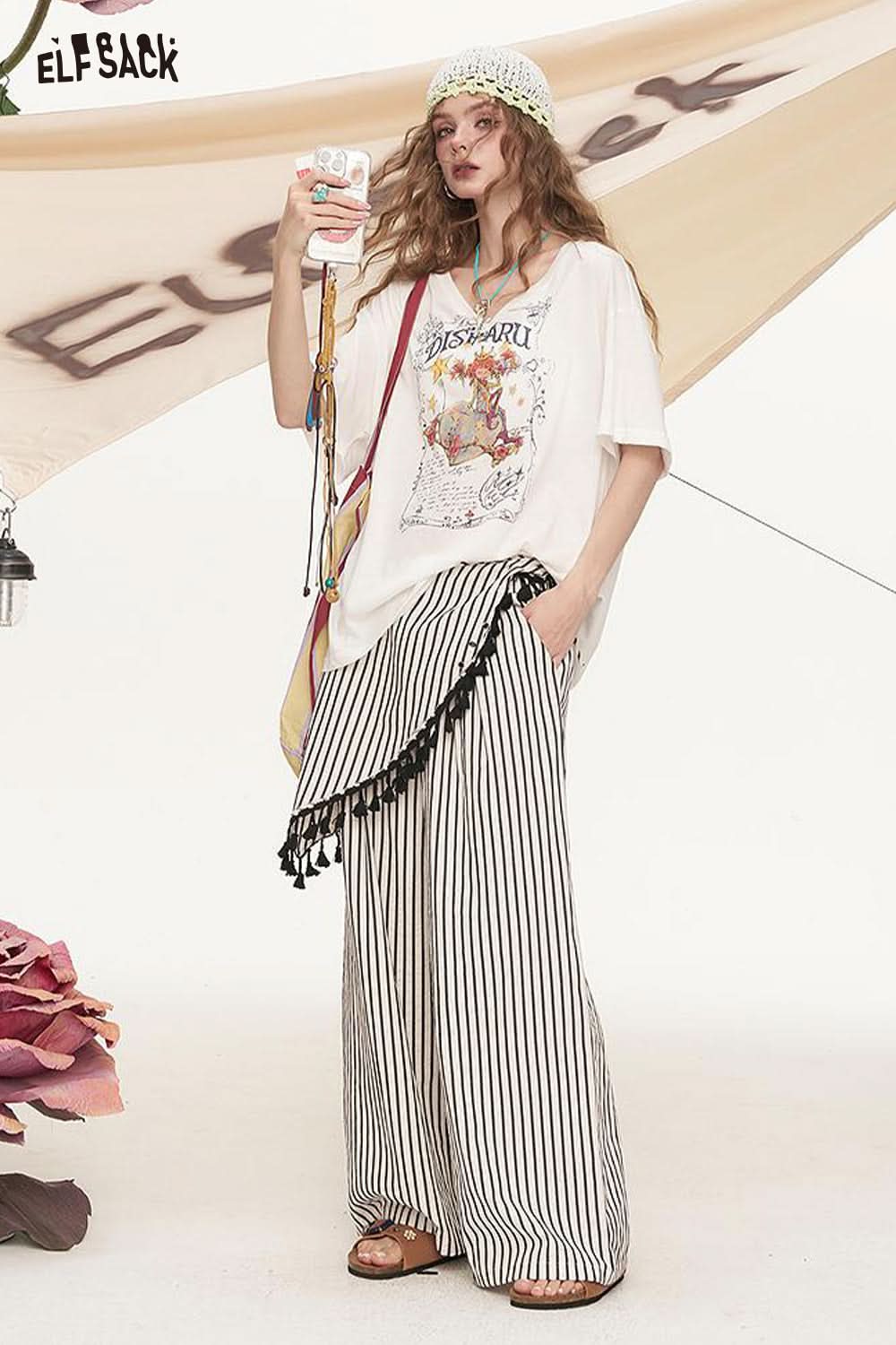 ELFSACK Irregular Fart Curtain Fringe Stripe Straight Leg Wide Leg Casual Pants