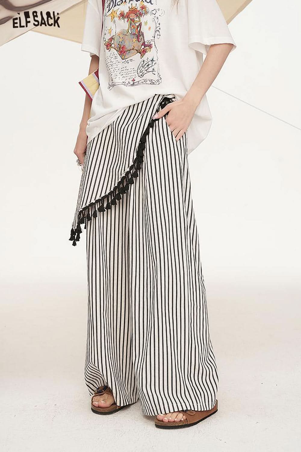 ELFSACK Irregular Fart Curtain Fringe Stripe Straight Leg Wide Leg Casual Pants