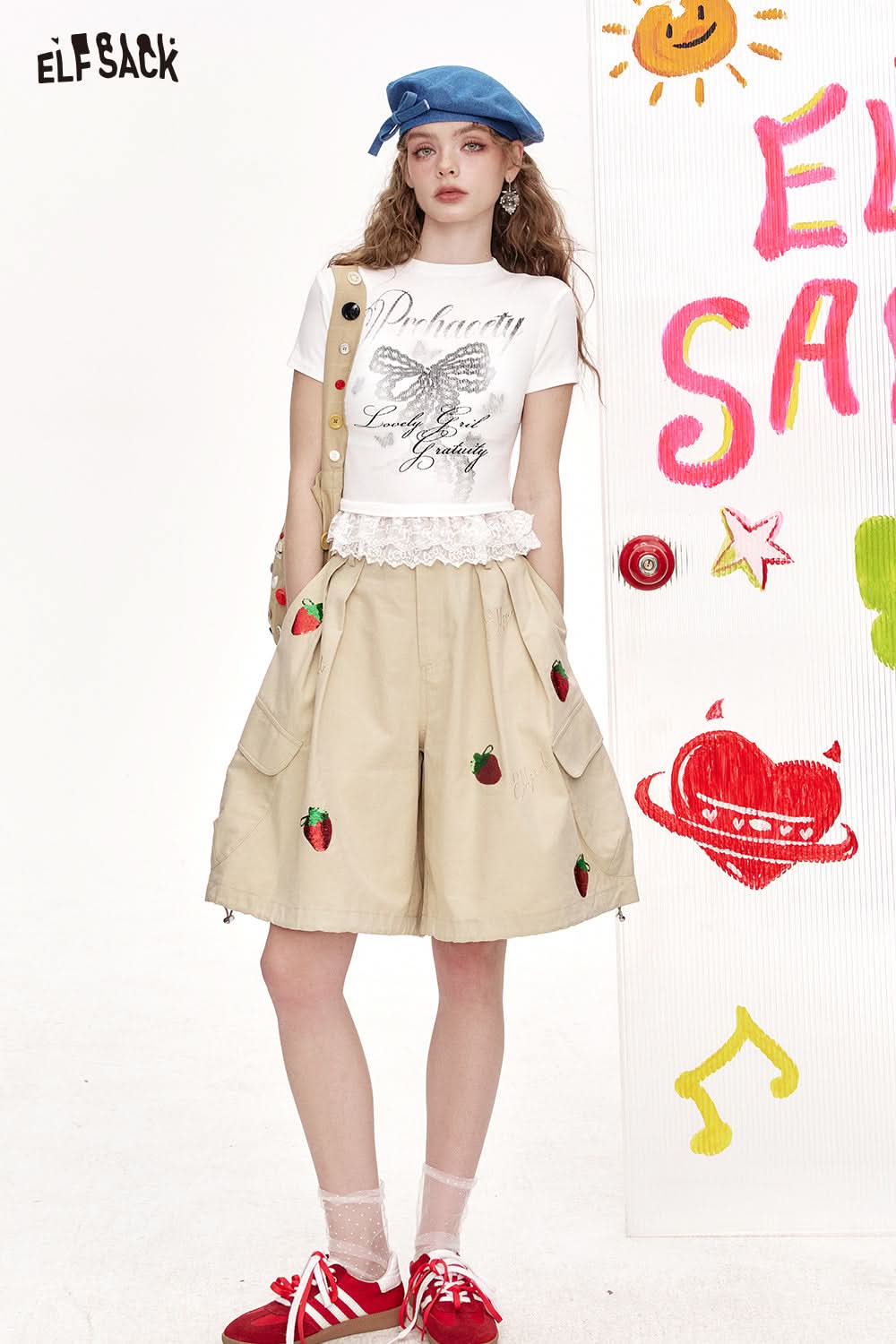 ELFSACK Strawberry Bead Embroidery Casual Pants