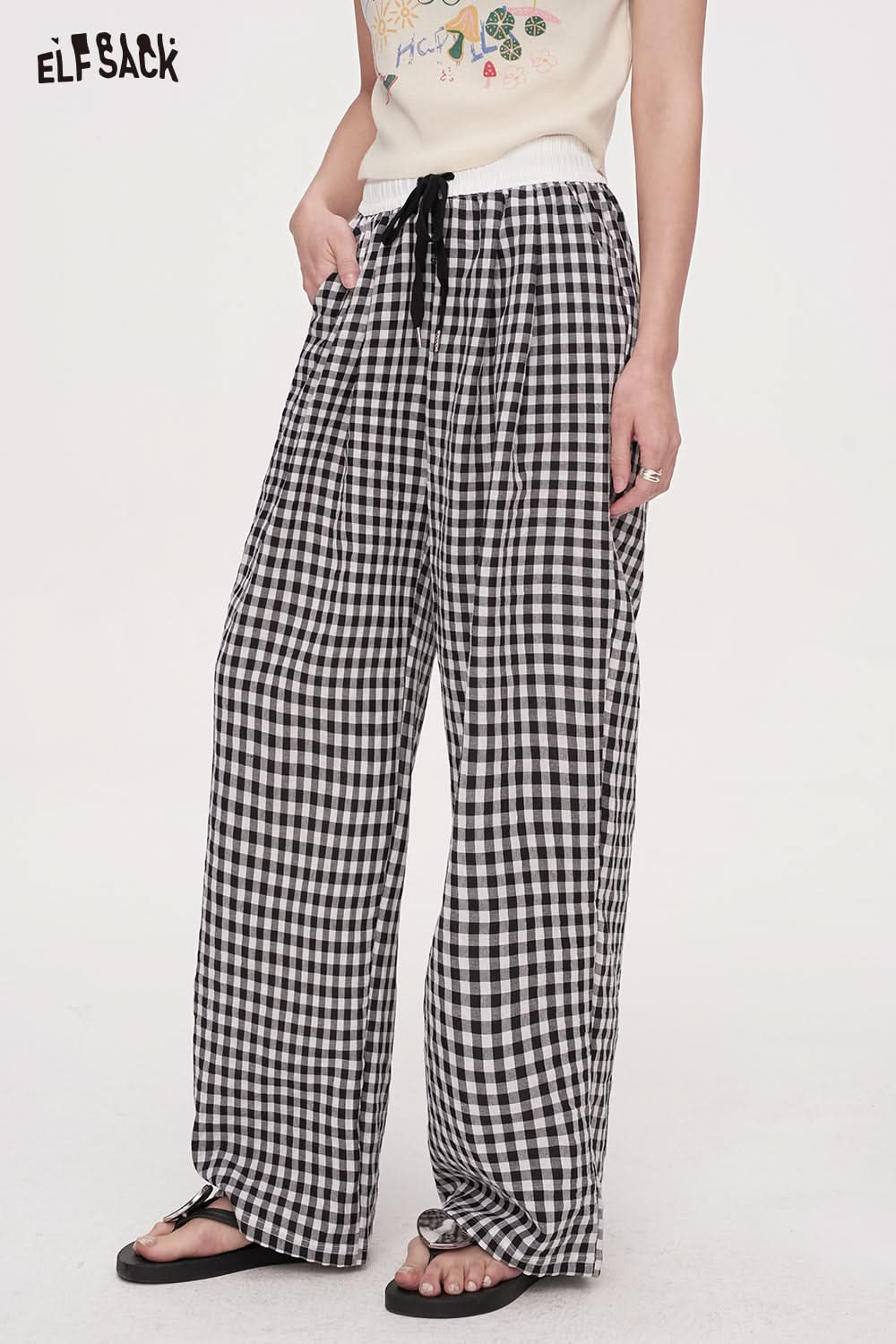 ELFSACK Checkered Wide Leg Casual Straight Leg Pants