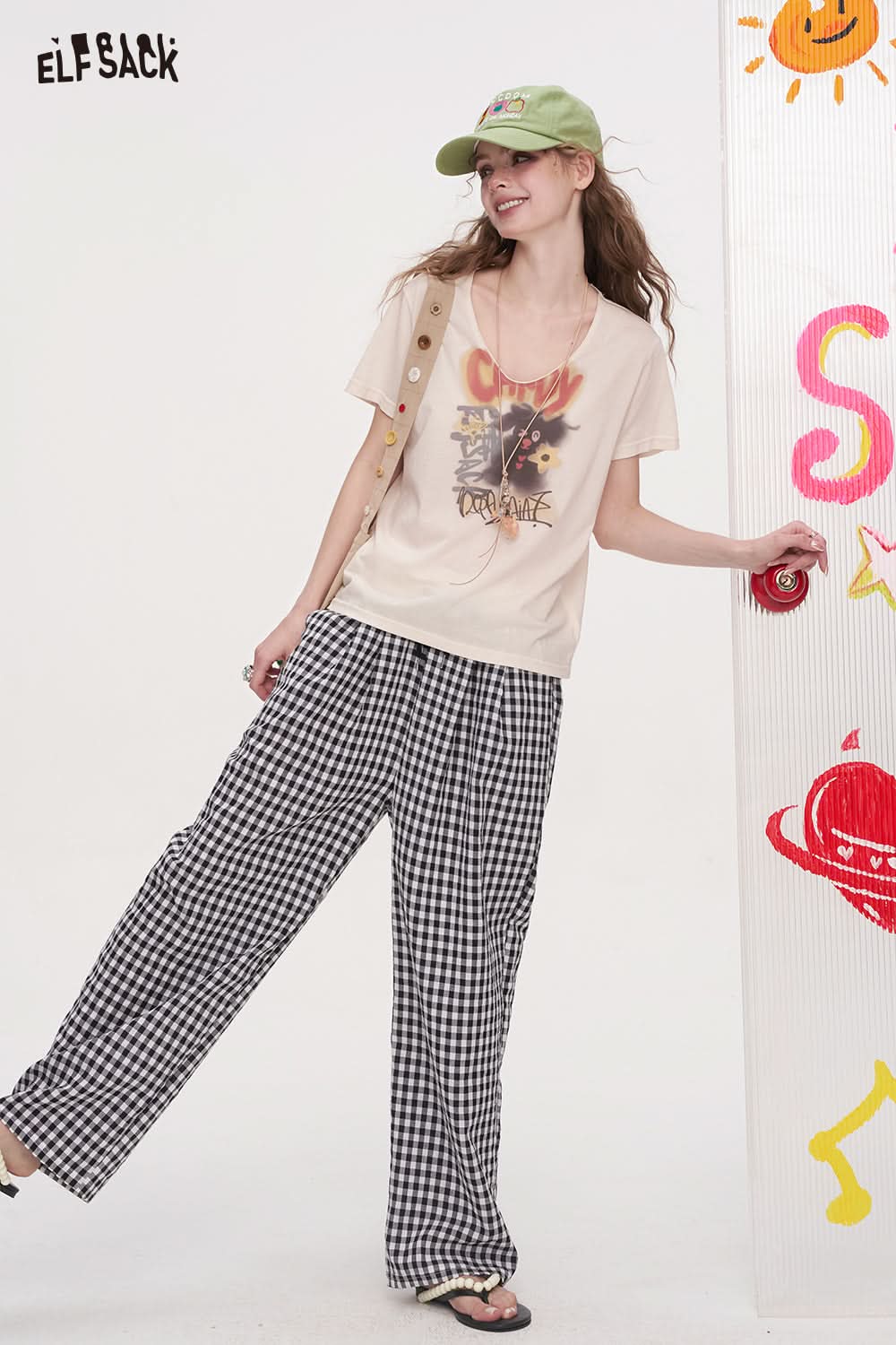 ELFSACK Checkered Wide Leg Casual Straight Leg Pants
