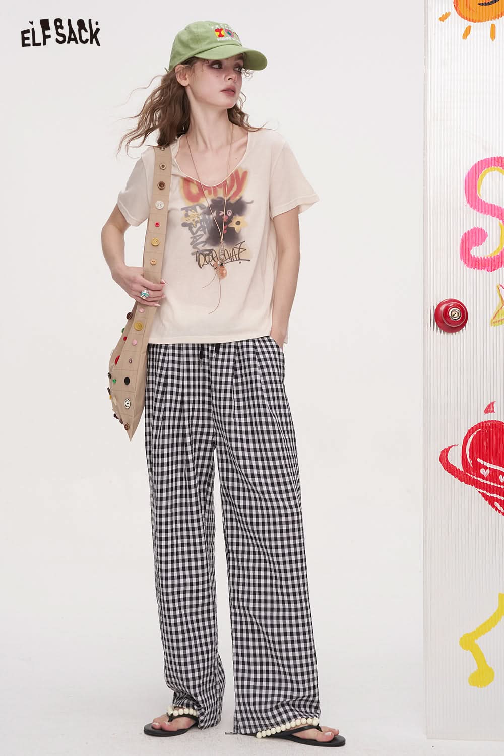 ELFSACK Checkered Wide Leg Casual Straight Leg Pants