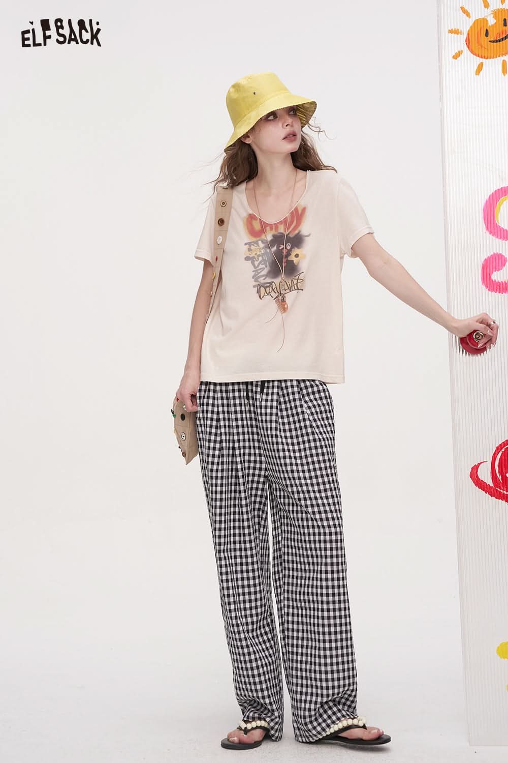 ELFSACK Checkered Wide Leg Casual Straight Leg Pants