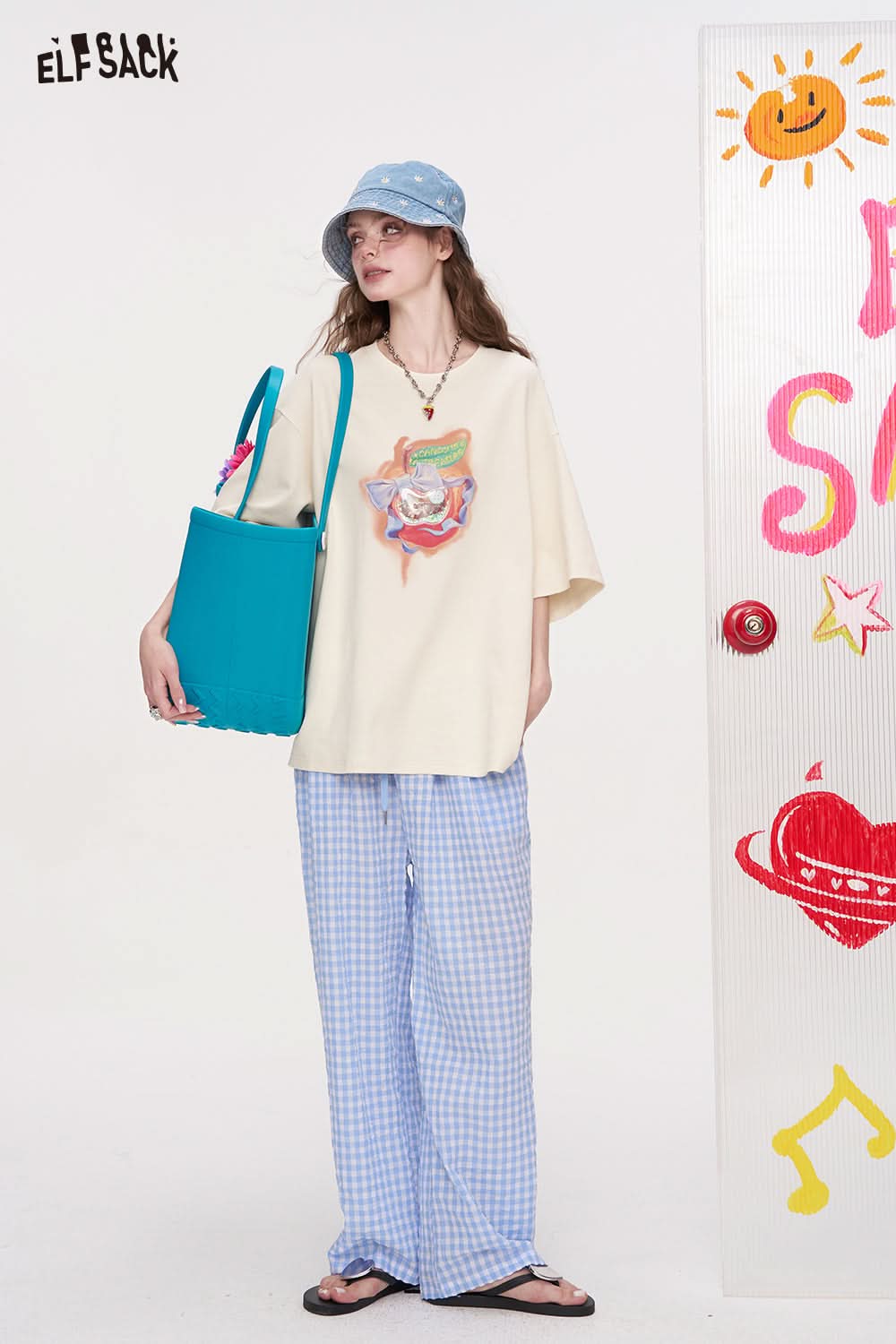 ELFSACK Checkered Wide Leg Casual Straight Leg Pants