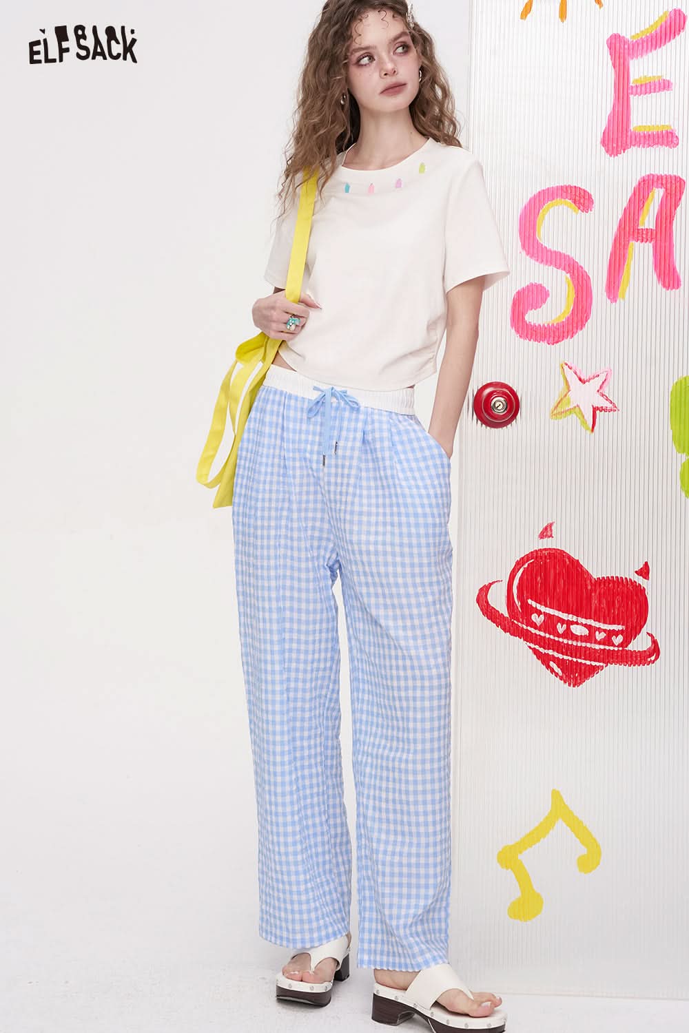 ELFSACK Checkered Wide Leg Casual Straight Leg Pants
