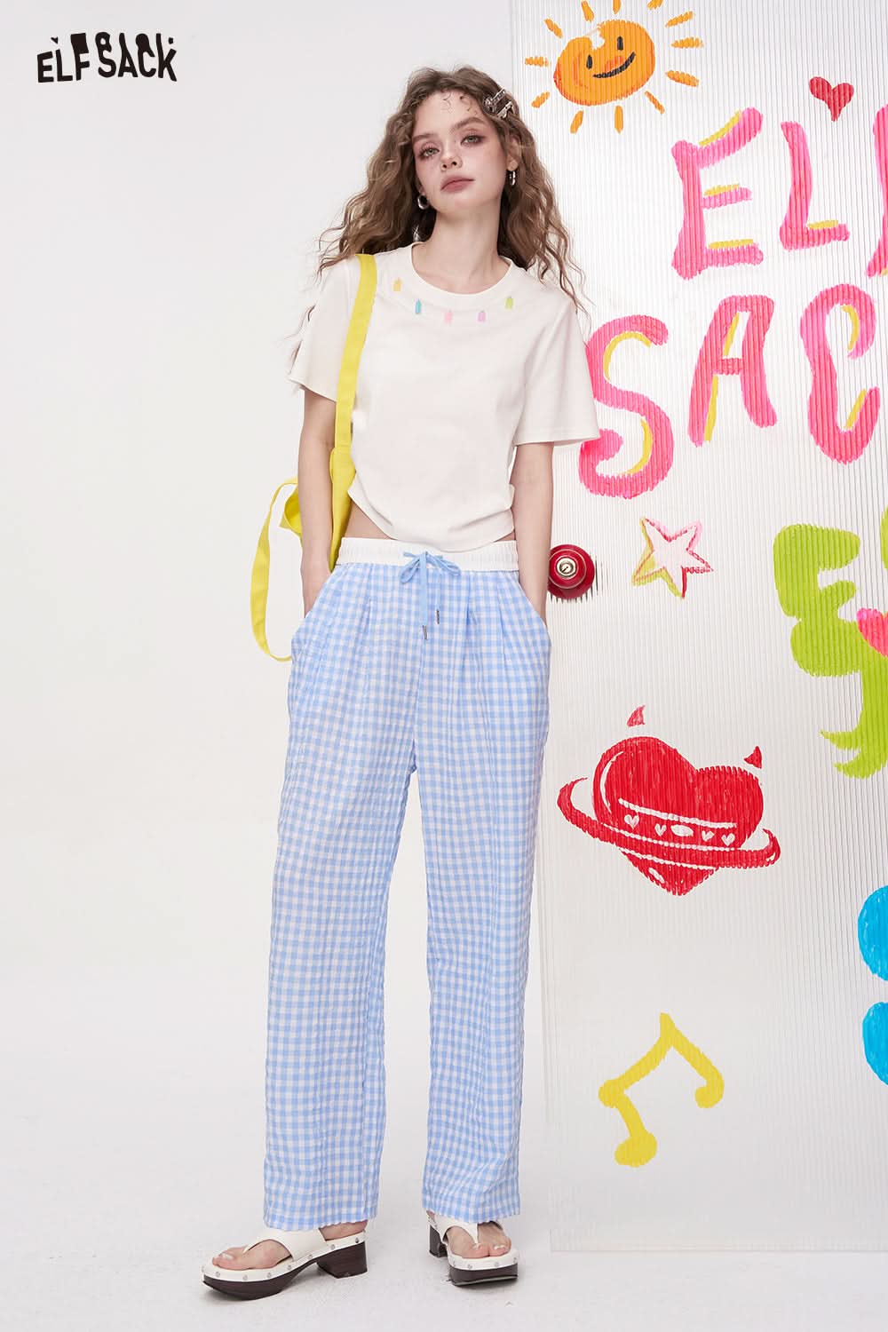 ELFSACK Checkered Wide Leg Casual Straight Leg Pants