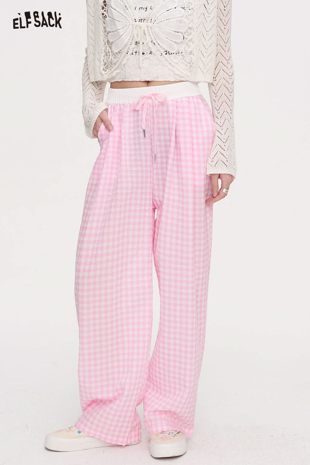 ELFSACK Checkered Wide Leg Casual Straight Leg Pants