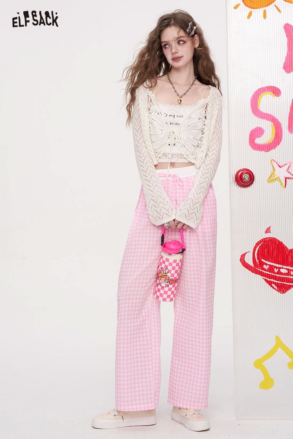 ELFSACK Checkered Wide Leg Casual Straight Leg Pants