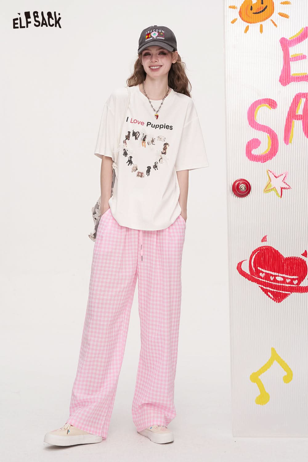 ELFSACK Checkered Wide Leg Casual Straight Leg Pants