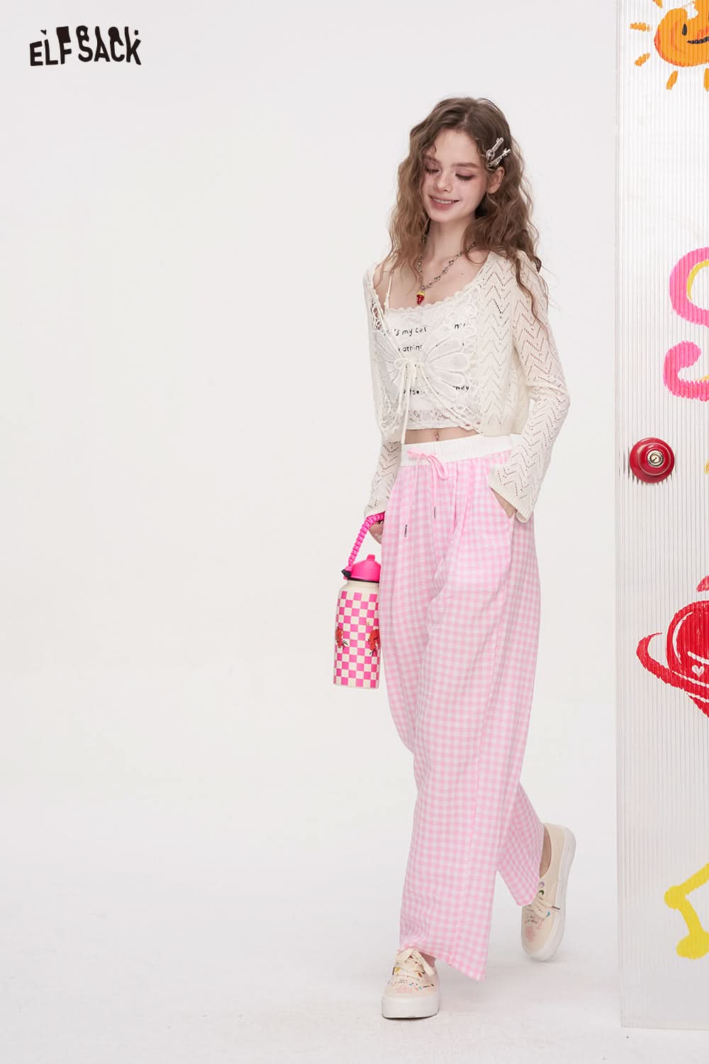 ELFSACK Checkered Wide Leg Casual Straight Leg Pants