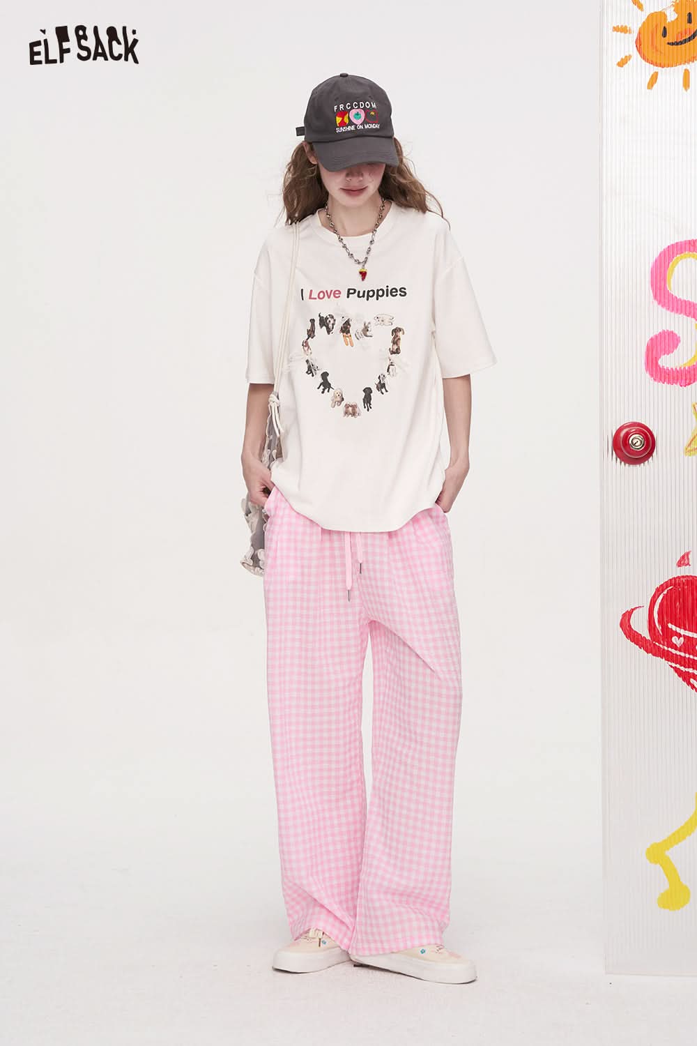 ELFSACK Checkered Wide Leg Casual Straight Leg Pants