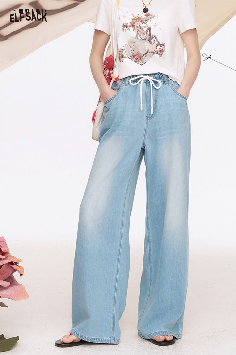 ELFSACK Light Colored Wide Leg Washed Loose Straight Leg Jeans
