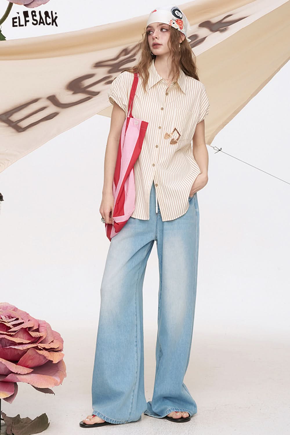 ELFSACK Light Colored Wide Leg Washed Loose Straight Leg Jeans