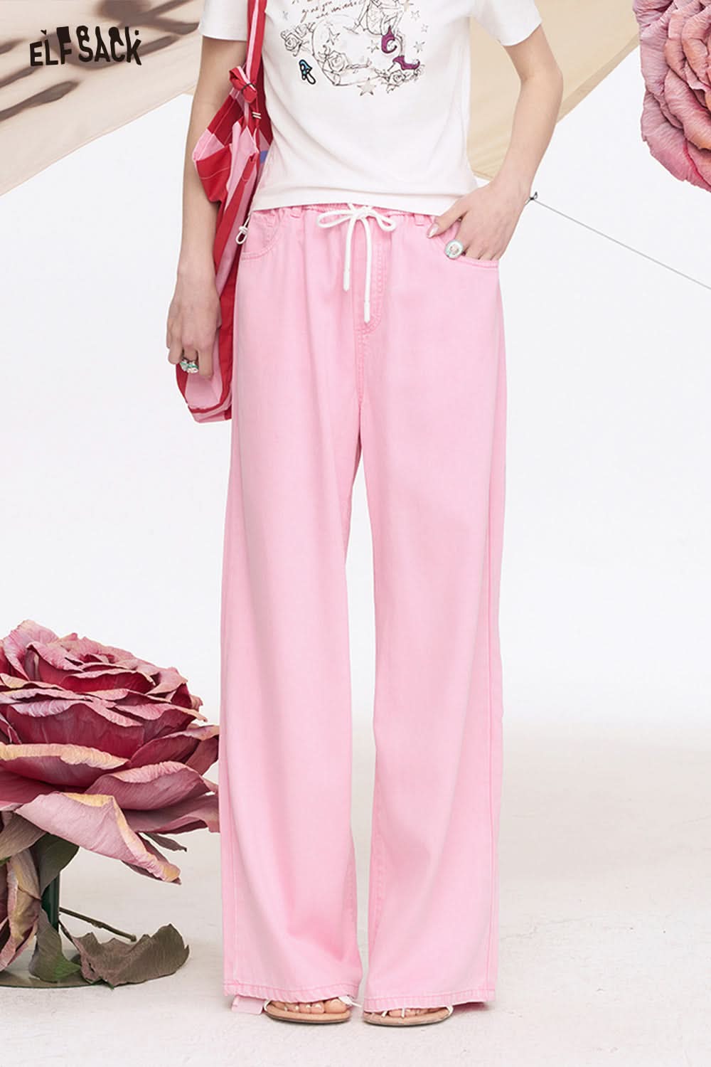ELFSACK Light Colored Wide Leg Washed Loose Straight Leg Jeans