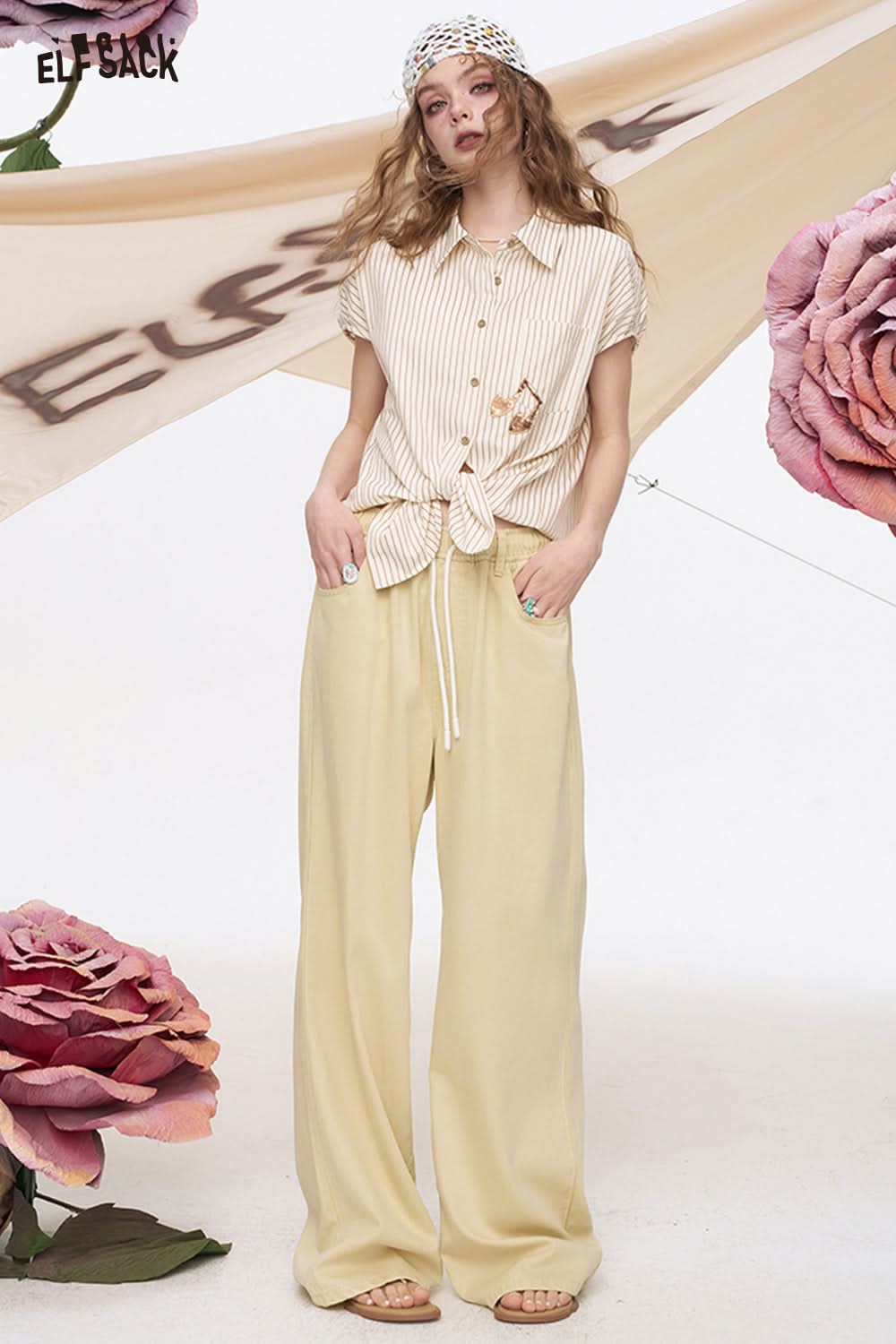 ELFSACK Light Colored Wide Leg Washed Loose Straight Leg Jeans