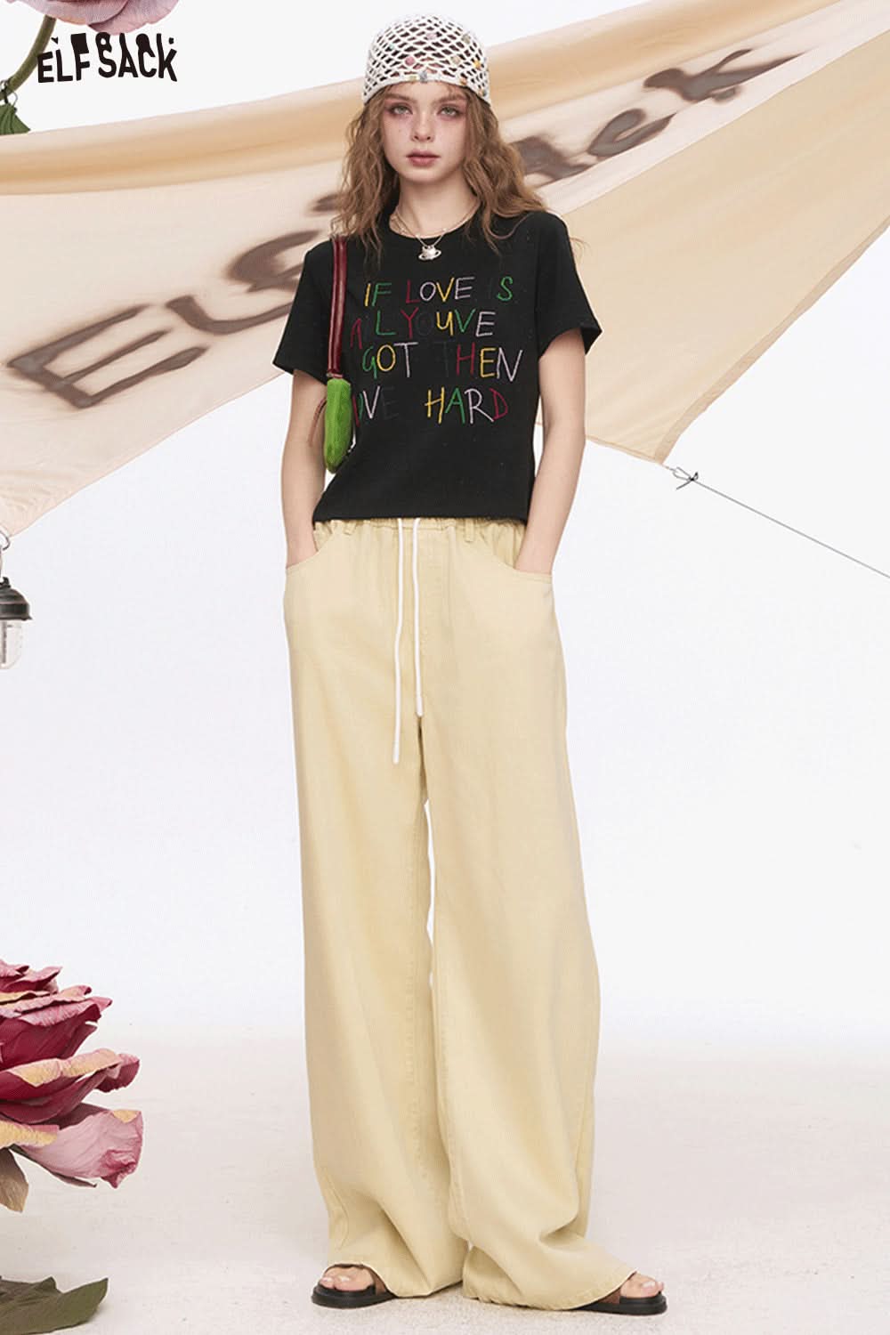 ELFSACK Light Colored Wide Leg Washed Loose Straight Leg Jeans