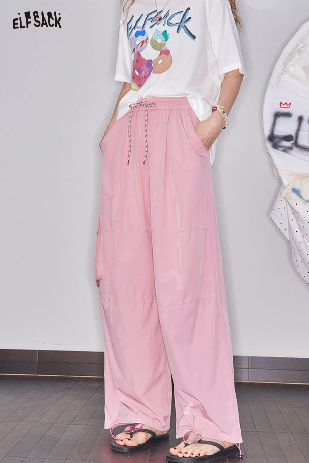 ELFSACK Pink Cargo Casual Straight Leg Wide Leg Pants