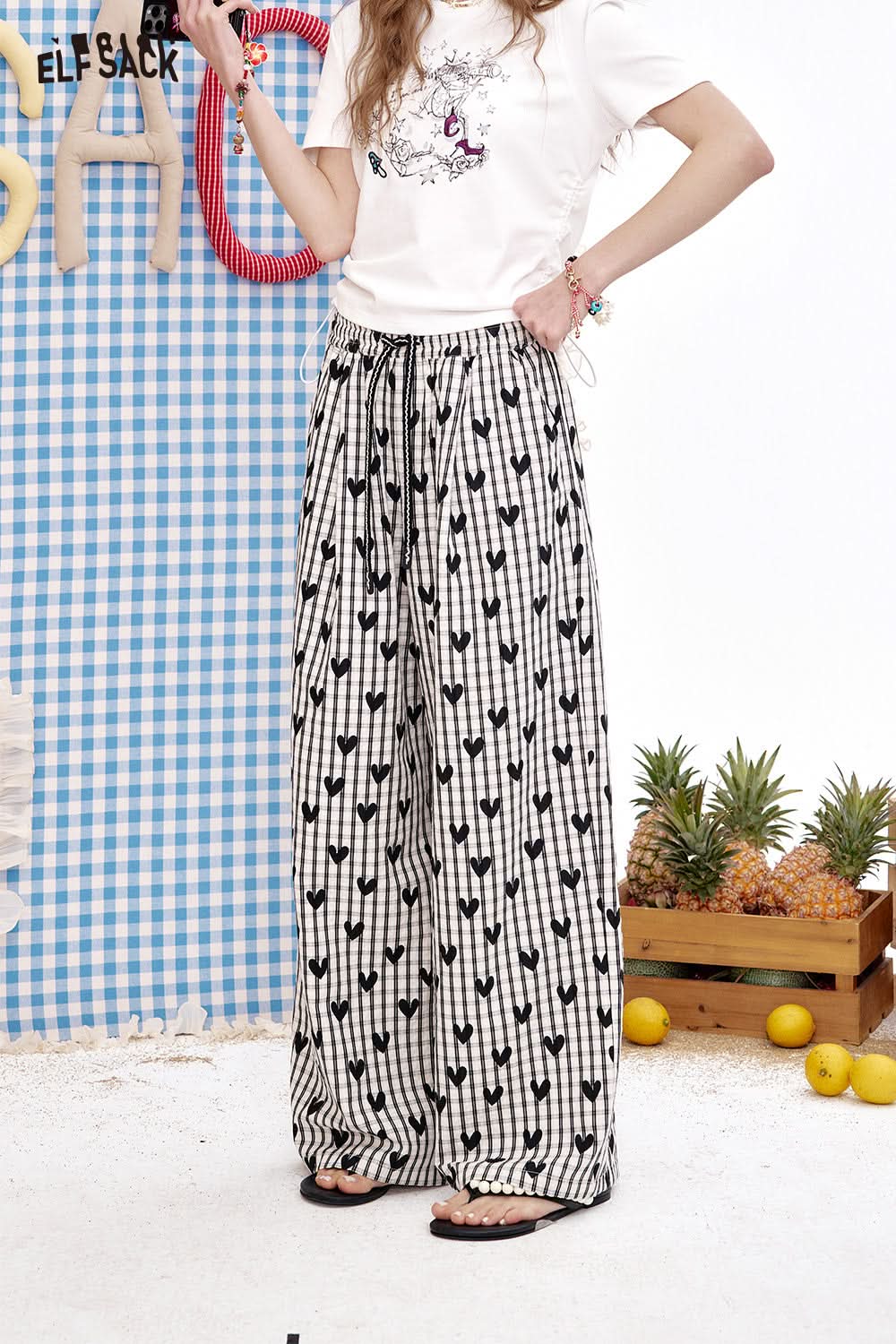 ELFSACK Retro Heart-Shaped Wide Leg Loose Casual Straight Leg Pants