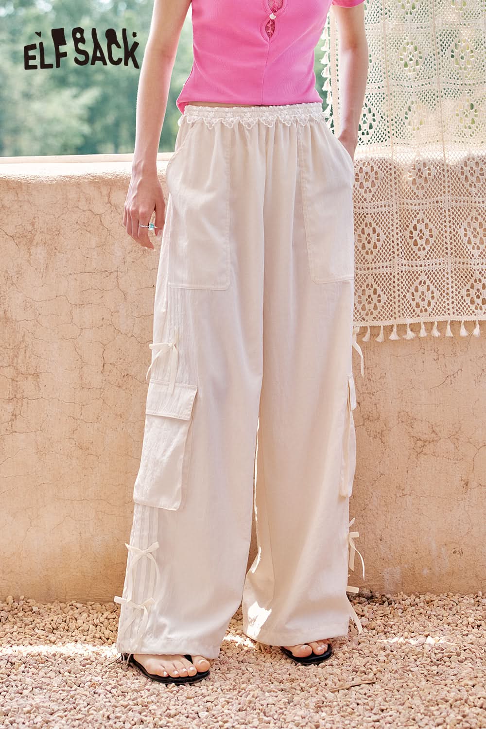 ELFSACK Side Strap Bow High Waist Wide Leg Casual Pants