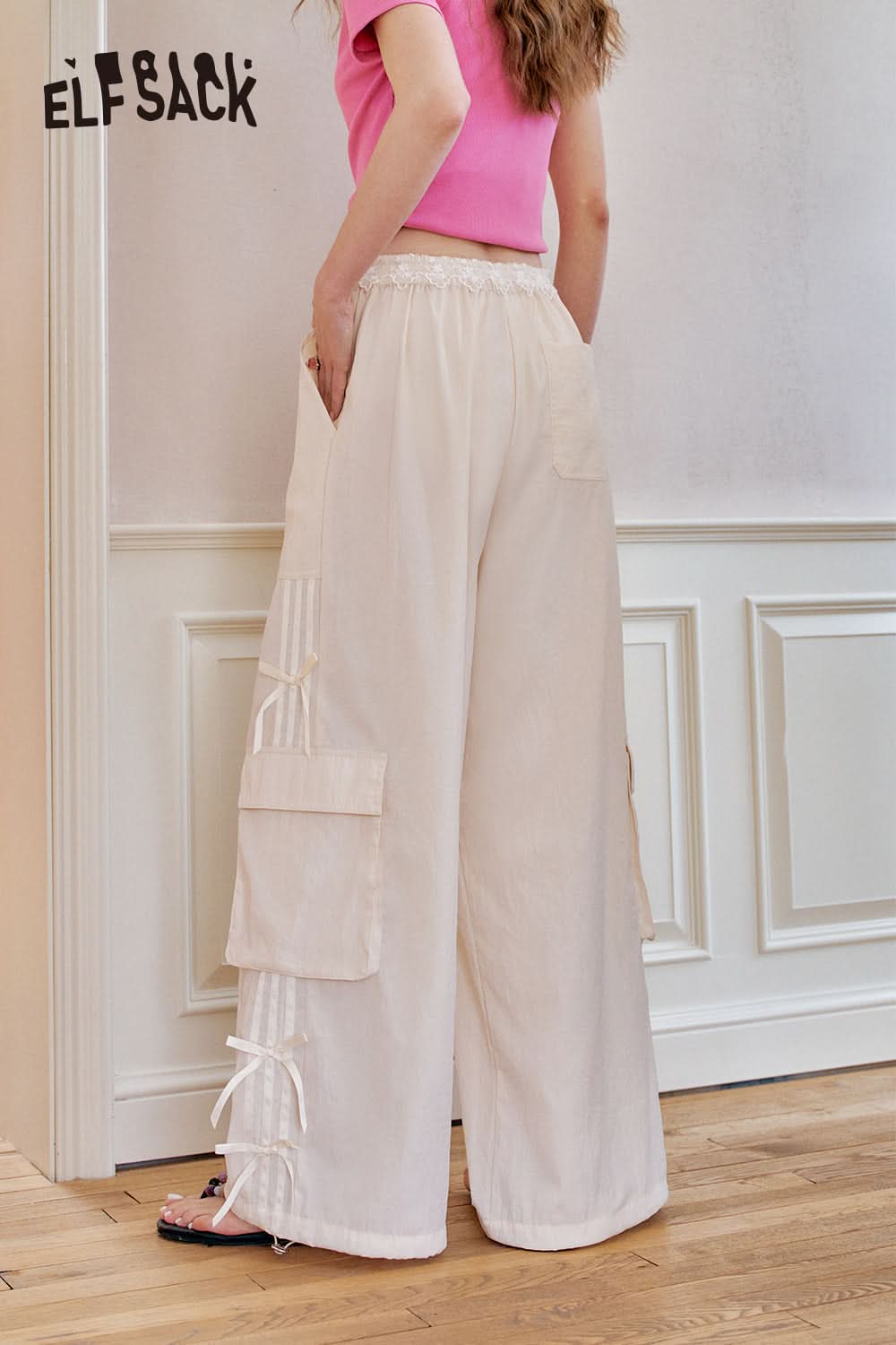 ELFSACK Side Strap Bow High Waist Wide Leg Casual Pants