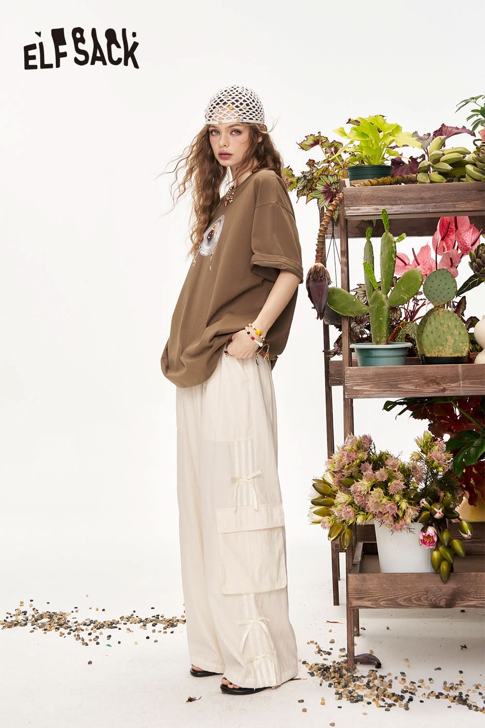ELFSACK Side Strap Bow High Waist Wide Leg Casual Pants