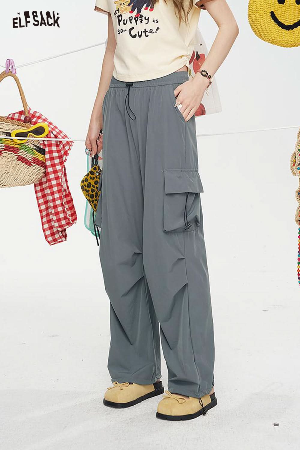 ELFSACK High Waisted Straight Leg Casual Cargo Pants