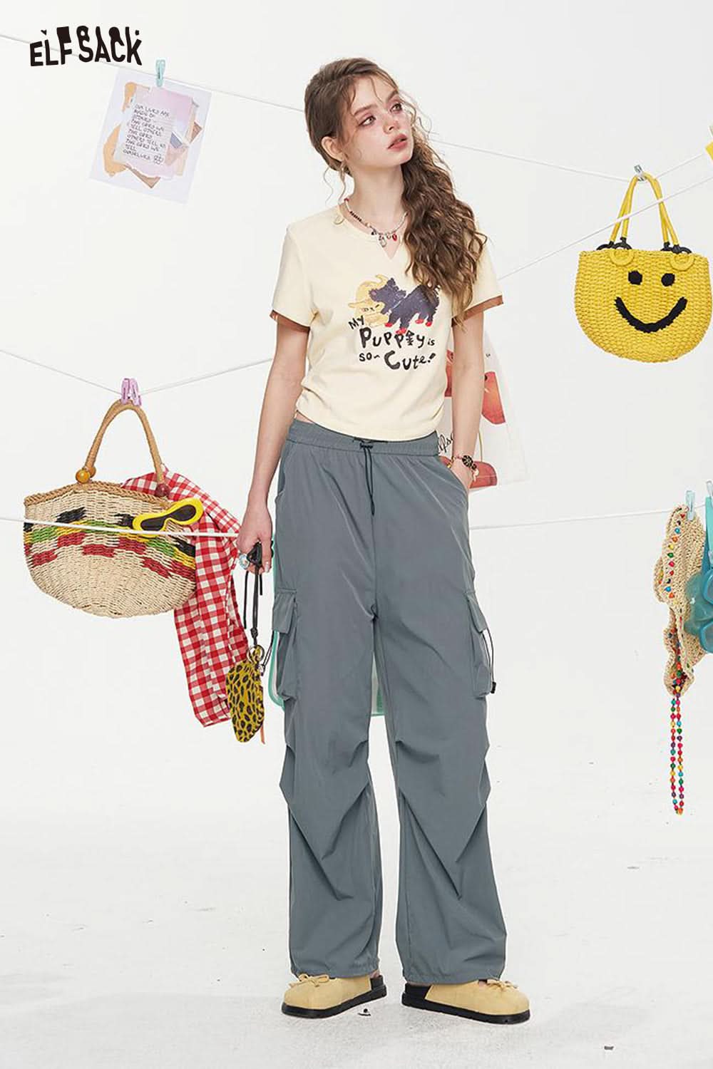 ELFSACK High Waisted Straight Leg Casual Cargo Pants