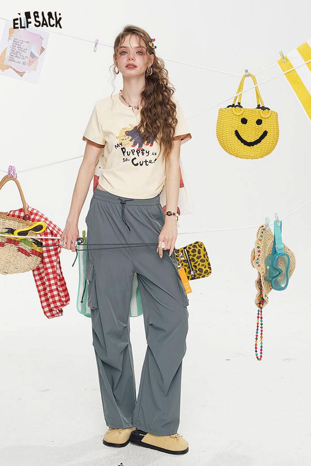 ELFSACK High Waisted Straight Leg Casual Cargo Pants