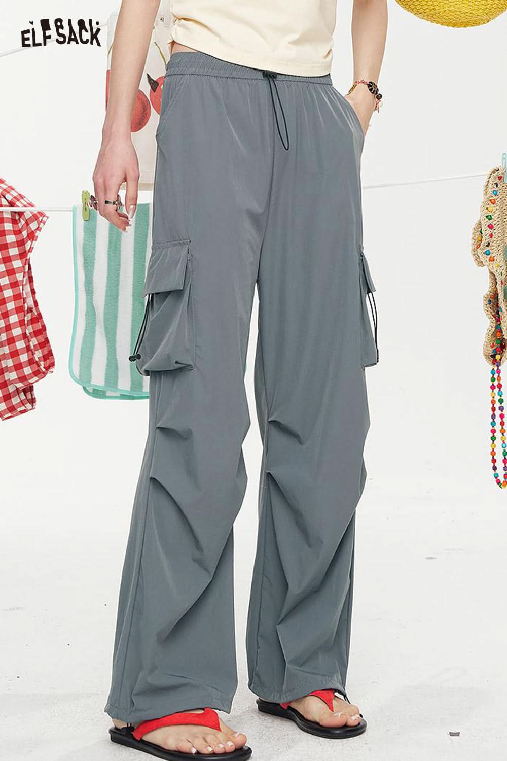 ELFSACK High Waisted Straight Leg Casual Cargo Pants