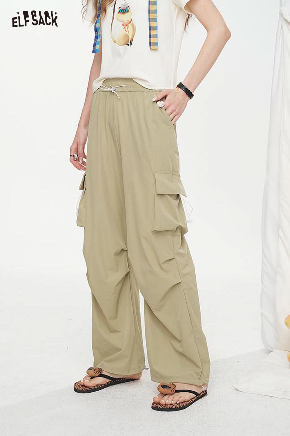 ELFSACK High Waisted Straight Leg Casual Cargo Pants