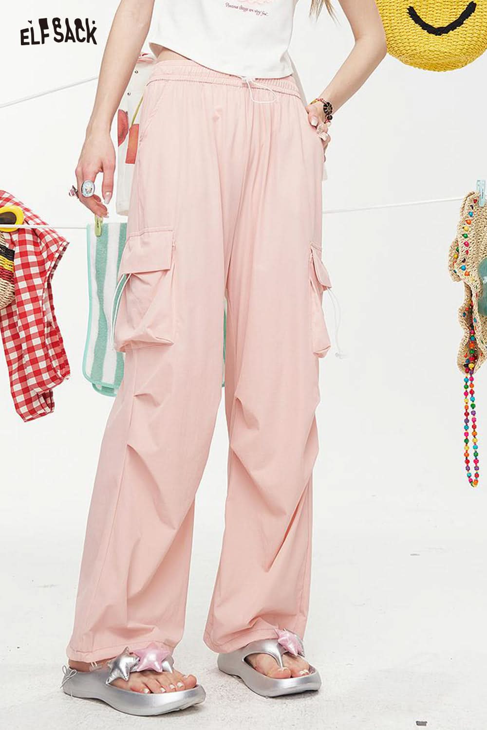 ELFSACK High Waisted Straight Leg Casual Cargo Pants