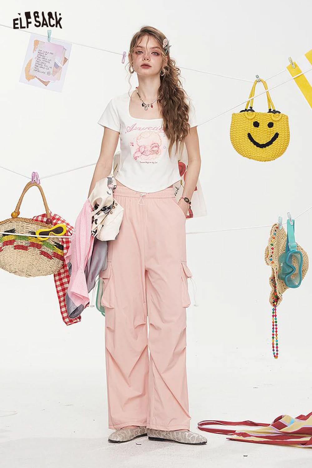 ELFSACK High Waisted Straight Leg Casual Cargo Pants