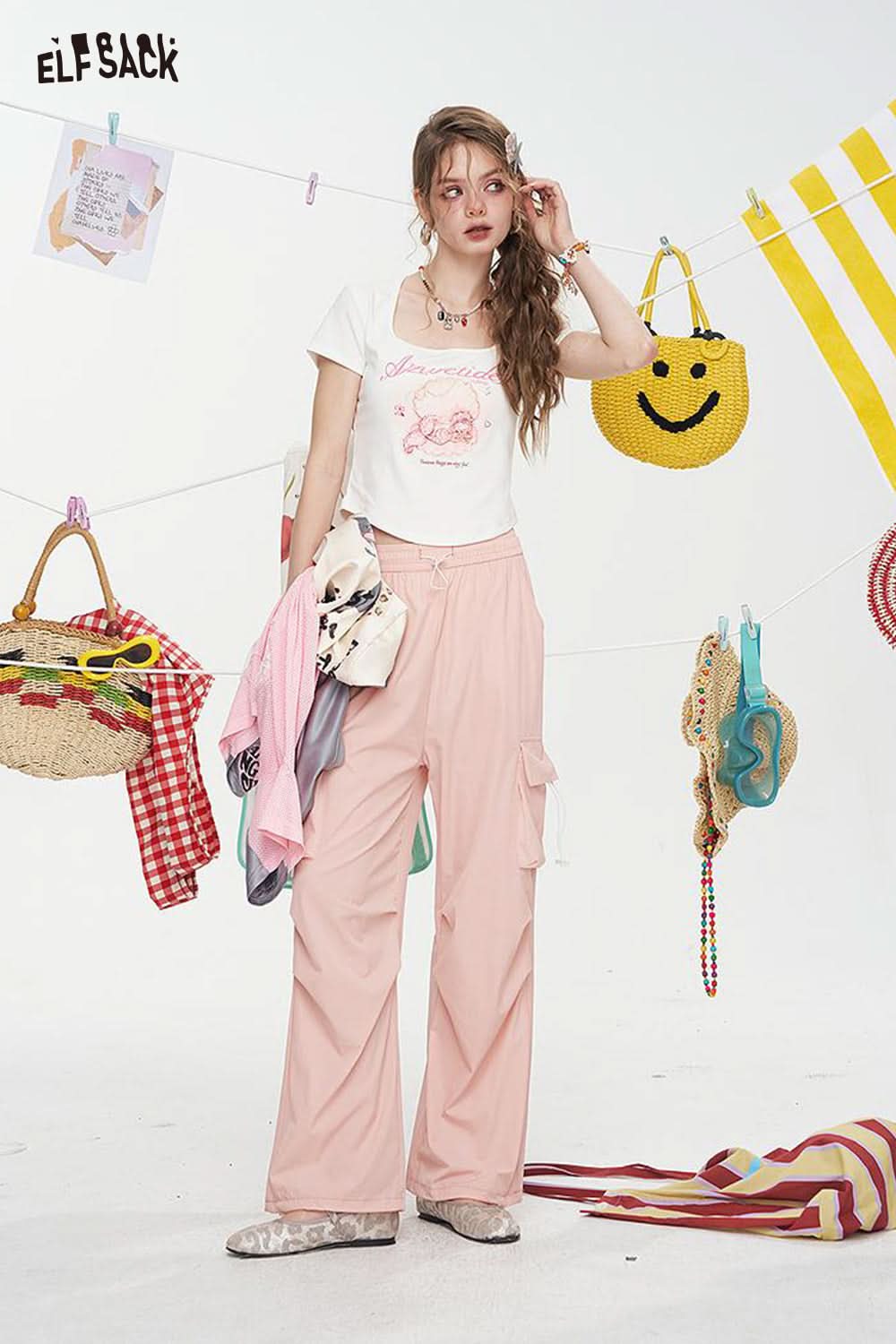 ELFSACK High Waisted Straight Leg Casual Cargo Pants