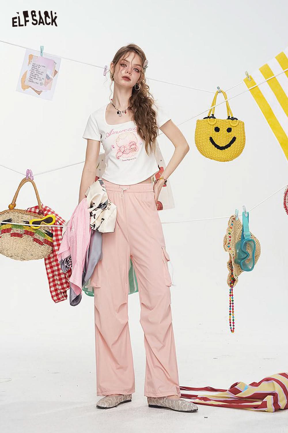 ELFSACK High Waisted Straight Leg Casual Cargo Pants