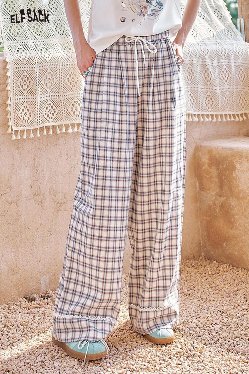 ELFSACK Checkered Casual Tube Wide Leg Pants