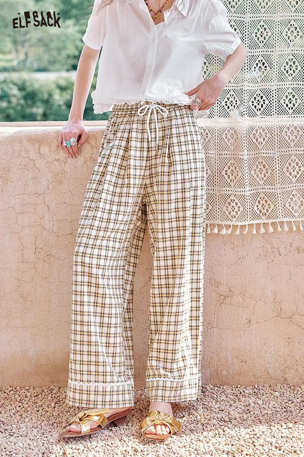 ELFSACK Checkered Casual Tube Wide Leg Pants